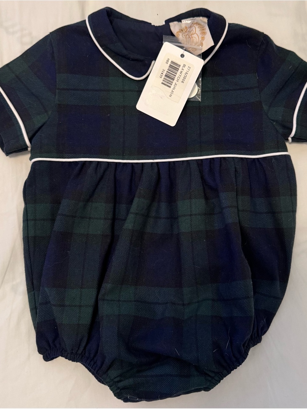 The Beaufort Bonnet Company Navy and Green Plaid Bubble Romper with White Piping